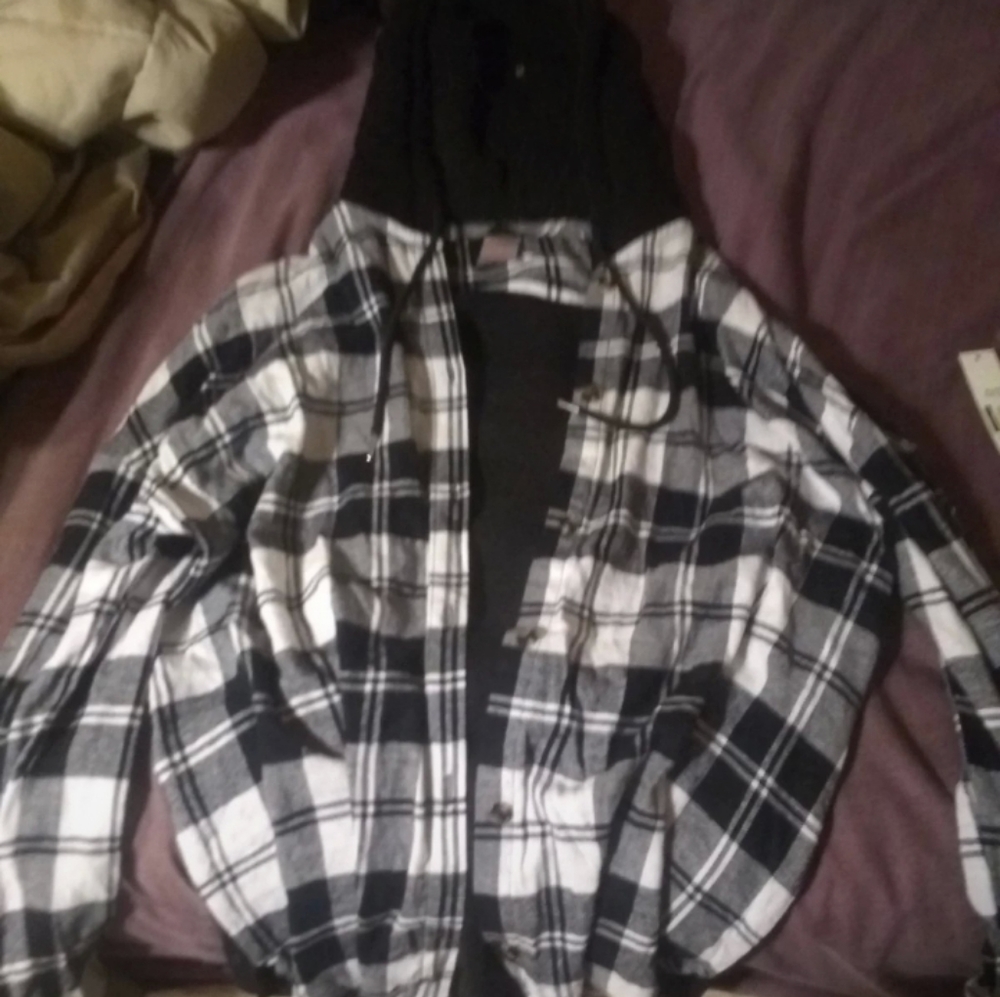 Button up plaid fleece shirt with hood